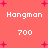 Red background with white pixelated text 'Hangman' and '700', scattered pink plus signs, static image.