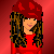 Pixel art contact sheet showing four frames of a red-themed animated character with long hair, beret, and boots against a gradient background.