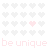 heart-shaped pixels with scattered pink and red highlights, overlaid by repeating text 'be unique' in varying shades of pink
