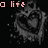 Pixelated heart-shaped icon with dripping effect, displaying text fragments 'life', 'without love is no life', and 'at all' in white and pink pixel font on black background.