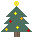 A 4x4 contact sheet of pixelated Christmas tree icons with animated ornament changes, each featuring a yellow star topper and green triangular body on brown trunk against gray background.