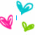 Animated icon with four heart shapes in cyan, pink, and green colors on white background; text elements change between frames.