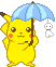 Pixelated yellow Pokémon character holding a light blue umbrella with brown handle, standing beside small white ghost-like figure on gray background.