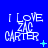 Blue background with white text reading "I LOVE ZAC CARTER" in three , plus small cyan symbols changing across frames
