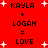 Red background with white starbursts and black pixelated text showing 'KAYLA + LOGAN = LOVE' repeated twice in a