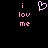 Pixelated pink text 'i lov me' on black background with a heart symbol above the left side of the text.