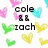 Pixelated heart-shaped icons in pink, cyan, green, and yellow surround black text reading 'cole', 'zach', and '4/28/07' on a white background.
