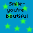 Blue background with green stars and repeated text "Smile-you're beutiful" in black pixelated font.