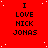 Red background with white dots and repeated text "I LOVE NICK JONAS" in black pixelated font across multiple