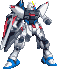 Four pixelated mecha robot poses with white, blue, and red armor against a gray background.