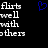 Pixelated text 'flirts well with others' appears on black background, with a blue heart symbol replacing the first letter of 'flirts' in one version.