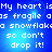 Blue background with white pixelated text repeating 'My heart is as fragile as a snowflake so don't drop it!' in four identical quadrants.