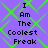 Purple background with green diamond lattice pattern and black pixelated text reading "I Am The Coolest Freak" in two identical vertical arrangements.