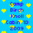 Blue background with yellow pixelated hearts scattered across, displaying repeated text in blue pixelated font.