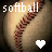 Pixelated soft tennis ball with white text "softball" and a heart symbol on a dark background.