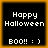 Four identical square display 'Happy Halloween' text with 'BOO!! :)' below, each bordered by orange and set against a black background