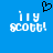 Blue background with white pixelated text 'i1y scott!' and a black heart symbol above the left instance of the text.