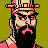 Pixel art portrait of a bearded man with dark hair wearing a pinkish-red hat and shirt against an olive-green background, rendered in 48x48 pixels with visible dithering and blocky edges.