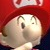 Pixelated image of a character with a red cap and white face, showing partial facial features against a red background.