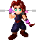 Pixel art character with red braided hair, green eyes, and purple wristbands holding a purple object, wearing dark blue overalls and brown boots.