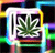 A pixelated icon features a green cannabis leaf inside a white-bordered square with a black background, surrounded by a multicolored neon border.