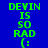 Green pixelated text on blue background repeats 'DEVIN IS SO RAD (:' in three vertical with slight animation