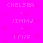 Bright pink background with repeating heart shapes and pixelated text reading "CHELSEA + JIMMY = LOVE" in two identical vertical