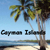 Static beach scene icon with palm trees, ocean, and text overlay reading "Cayman Islands" in pixelated font against a blue sky background.