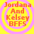 Four identical circular icons with yellow backgrounds and pink concentric rings display orange text reading "Jordana And Kelsey BFFS" in pixelated font.