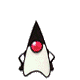 Four of a cartoon character with black triangular head, red circular eye, white body, and black limbs against gray background