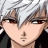 Pixelated anime-style character face with silver hair and red eyes on left, next to black background with white text "Anime IM" above smaller stylized "COM" logo on right.
