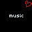Red pixelated heart symbol above two white 'music' texts on black background.