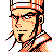Pixel art portrait of a character with orange and black hair, wearing an orange headband and traditional-style clothing against a white background.