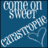 Blue background with white pixelated text reading 'COME ON SWEET' and a diagonal line of repeating heart symbols.