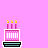 Animated contact sheet of a pink cartoon dog character with heart-shaped nose, interacting with birthday cakes and text bubbles on a solid pink background.