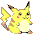 Yellow cartoon creature with brown stripes, black-tipped ears, red cheeks, and a white belly stands against gray background in multiple poses.