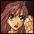Pixelated anime-style character with long red hair and large eyes, holding a phone to her ear against a dark red background.