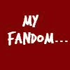 Red background with white text 'MY FANDOM...' repeated twice, a person in blue clothing making a hand gesture near their mouth, and the word 'sucks' on the right side.
