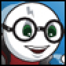 Pixelated cartoon-style icon of a smiling character with large round glasses, green eyes, and red clothing against a blue background.