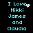 Pixelated cyan text on black background reads "I Love Nikki James and Claudia" with animated white heart and star effects.