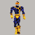 Pixelated character in blue and gold suit with orange visor, shown in multiple poses against gray background.