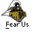 Two identical static buddy icons featuring a pixelated character with white hair and yellow armor-like chest plate, displayed on gray background with text "Fear Us" below each icon and promotional text to the right.