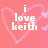 A static pixel art image with a pink background featuring white text reading 'i love keith' inside a heart outline.
