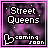 Pixelated icon with 'Street Queens' text, 'coming soon' text, and a heart symbol on a purple gradient background with pink and white sparkles.