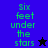 Pixelated text 'Six feet under the stars' appears on blue and black backgrounds with a star symbol changing from black to purple.