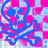 Pixelated abstract composition of interwoven blue and pink shapes on a light blue grid background with white accents.
