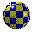 Pixelated blue and yellow sphere with shifting patterns , showing motion in the lower-left quadrant