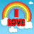 Pixelated rainbow over blue sky with white clouds, featuring red text "I LOVE" and green text "MY BEST FRIENDS!!" on separate