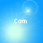 Four blue-tinted each display the word 'Cam' in white pixelated text with varying light effects and lens flares