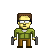 Pixelated character with brown hair, glasses, green jacket over white shirt, brown pants, holding two dark handguns against gray background.